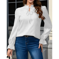 White ladies solid color blouse featuring a color lace collar and ruffled neckline with flared cuffs