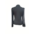 Black ladies solid color mesh lace blouse featuring sheer lace sleeves and a classic collar for elegant wear