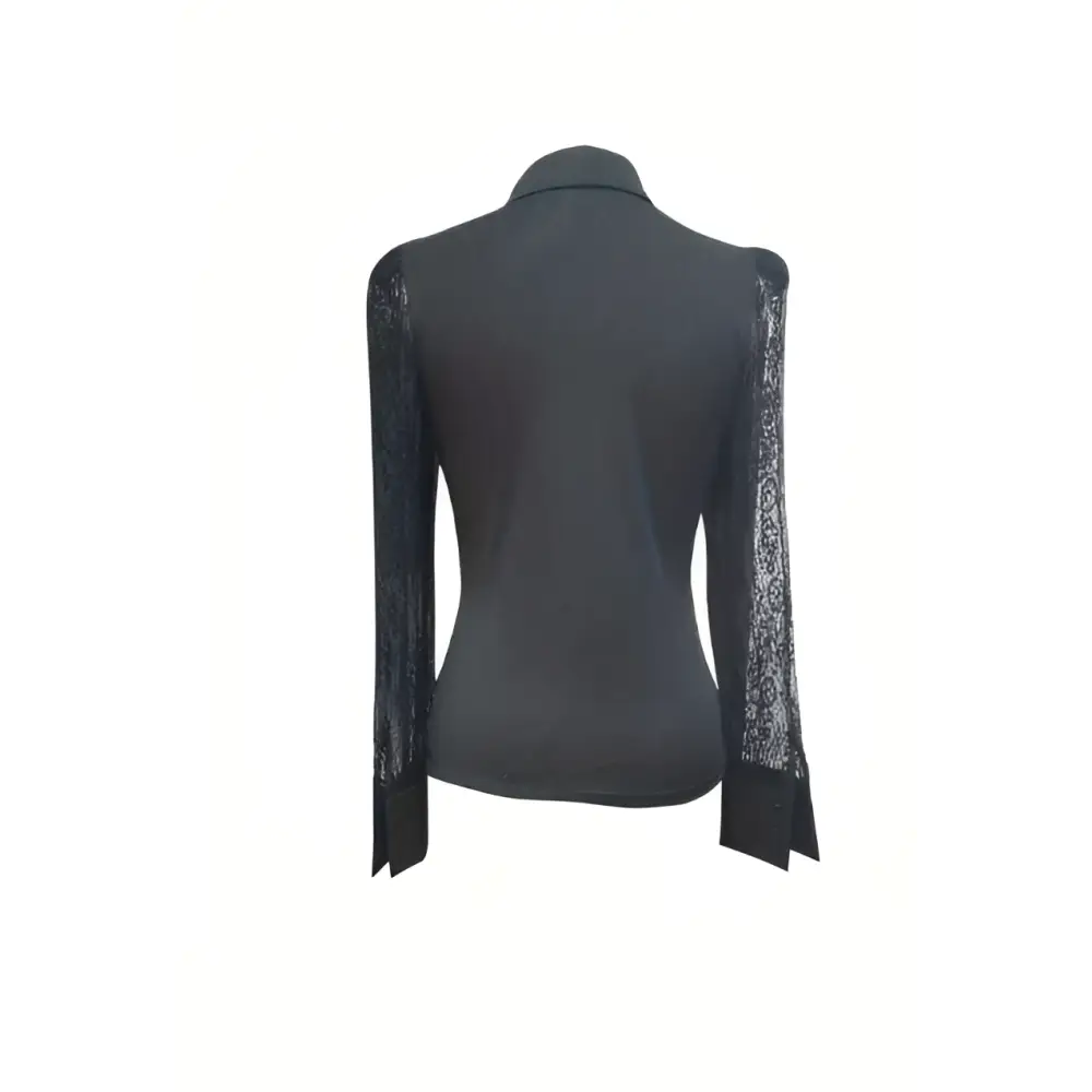 Black ladies solid color mesh lace blouse featuring sheer lace sleeves and a classic collar for elegant wear