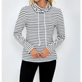 Ladies striped high neck hoodie with black and white horizontal stripes long sleeves and matching drawstrings