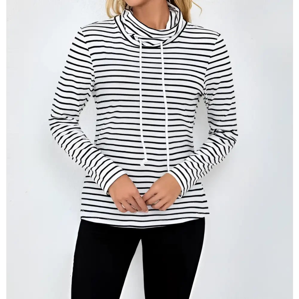 Ladies striped high neck hoodie with black and white horizontal stripes long sleeves and matching drawstrings