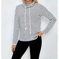 Ladies striped high neck hoodie in black and white with long sleeves cowl neck and matching drawstrings