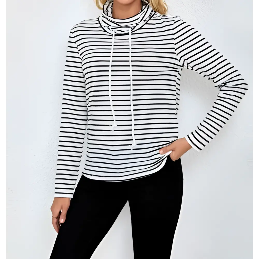 Ladies striped high neck hoodie in black and white with long sleeves cowl neck and matching drawstrings