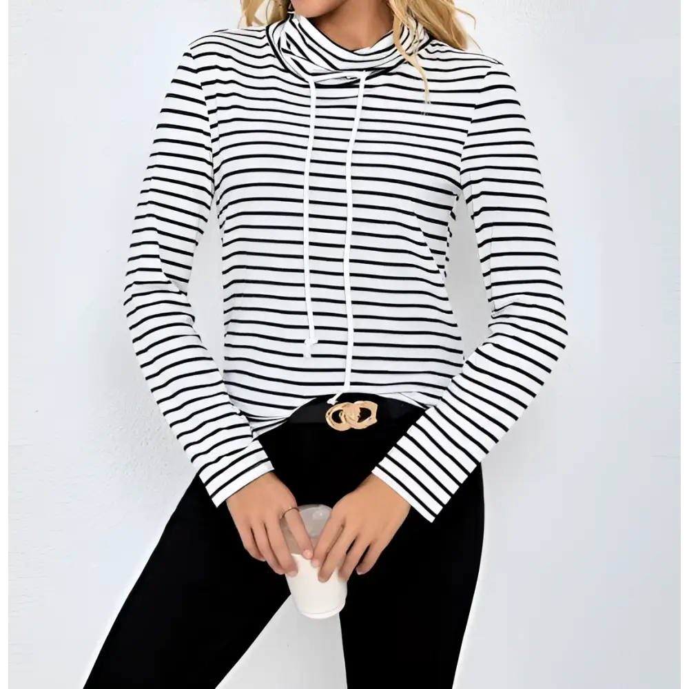 Ladies striped high neck hoodie in black and white with long sleeves and drawstring cowl neck for casual wear