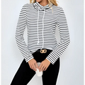 Ladies striped high neck hoodie in black and white with horizontal stripes long sleeves cowl neck and drawstring