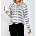 Ladies striped high neck hoodie in black and white stripes featuring a cowl neck and adjustable drawstrings