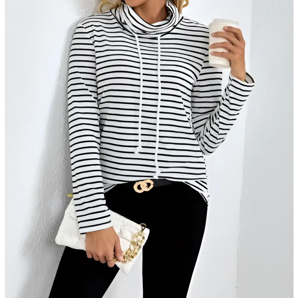 Ladies striped high neck hoodie in black and white with long sleeves and drawstring cowl neck for casual wear
