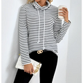 Ladies striped high neck hoodie in black and white with long sleeves and drawstring cowl neck for casual wear