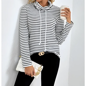 Ladies striped high neck hoodie in black and white with long sleeves and drawstring cowl neck for casual wear