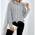 Ladies striped high neck hoodie in black and white with long sleeves, cowl neck, and drawstring detail