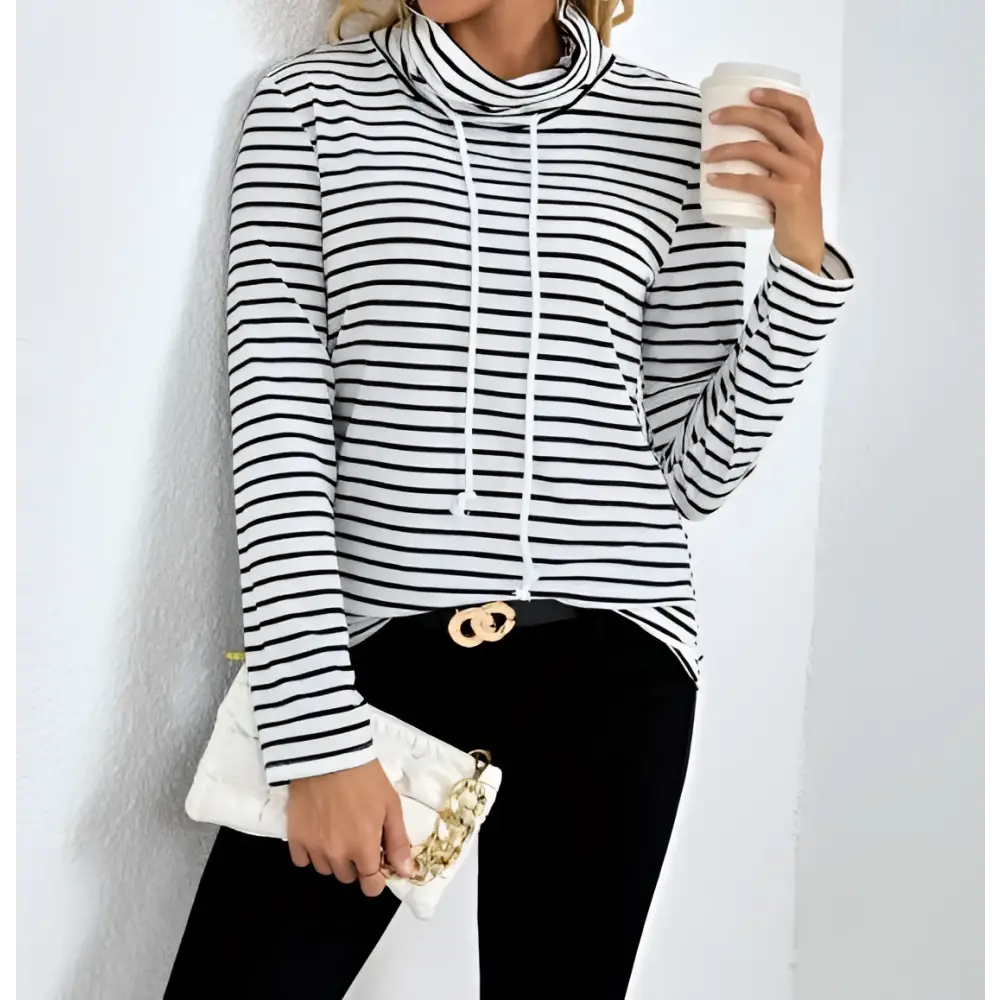 Ladies striped high neck hoodie in black and white with long sleeves, cowl neck, and drawstring detail
