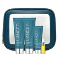 Teal lancer skincare method intro kit for oily skin featuring three tubes and clarifying detox mask in blue bag