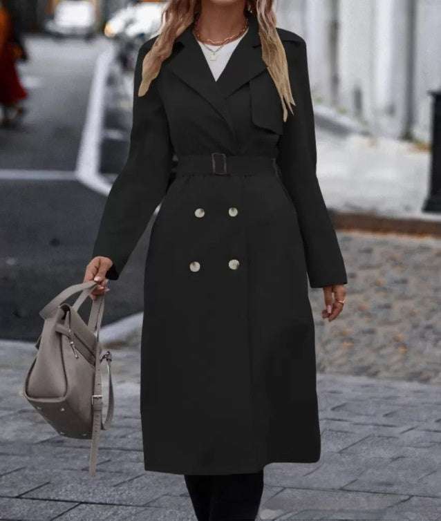 Lapel Double - breasted Trench Coat With Belt Winter Fashion Solid Color Long Jacket Outwear Women Clothing - Royalessencelux