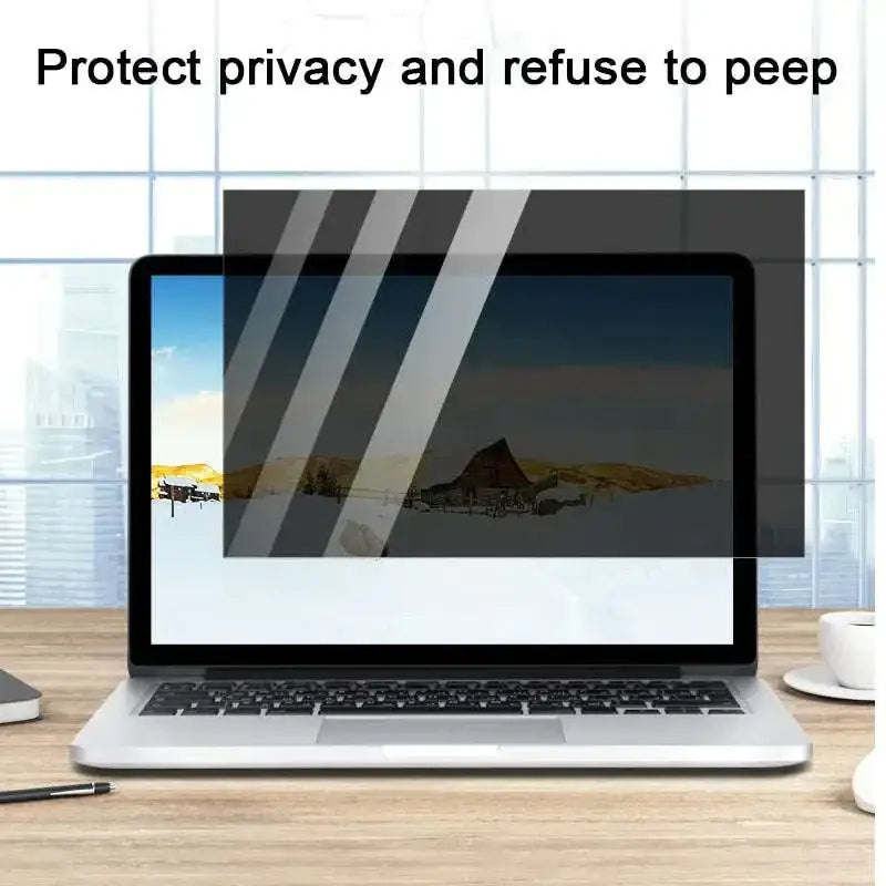 Black laptop privacy screen protector with diagonal gray stripes made of waterproof matte film for secure viewing