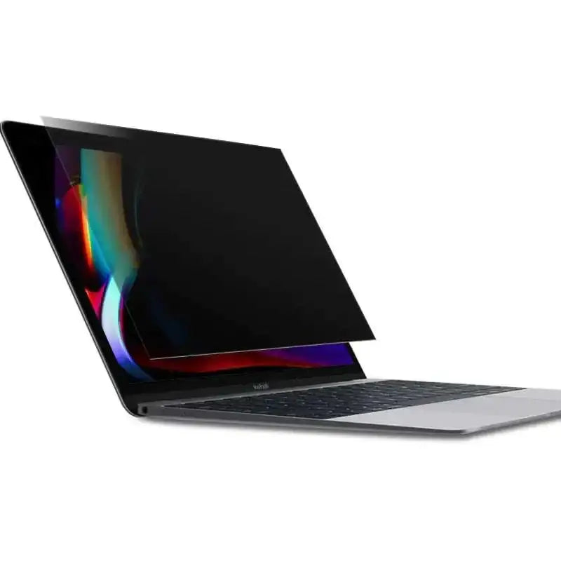 Black matte laptop privacy screen protector applied to a silver macbook with waterproof matte film surface