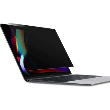 Black matte laptop privacy screen protector applied to a silver macbook with waterproof matte film surface