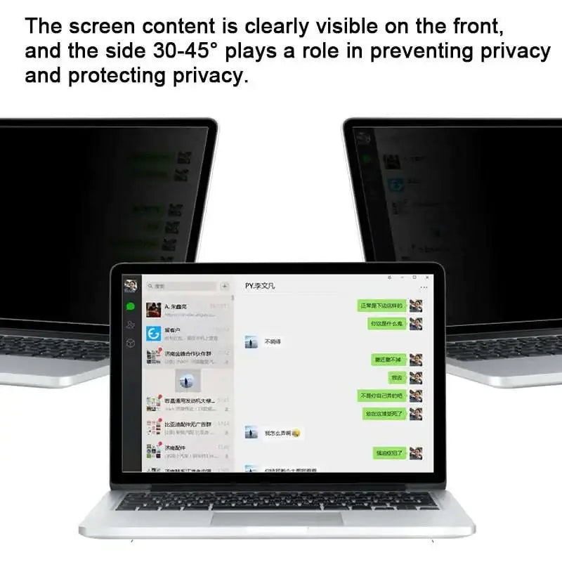 Silver laptop with black screen displaying chinese chat interface protected by a laptop privacy screen waterproof matte film