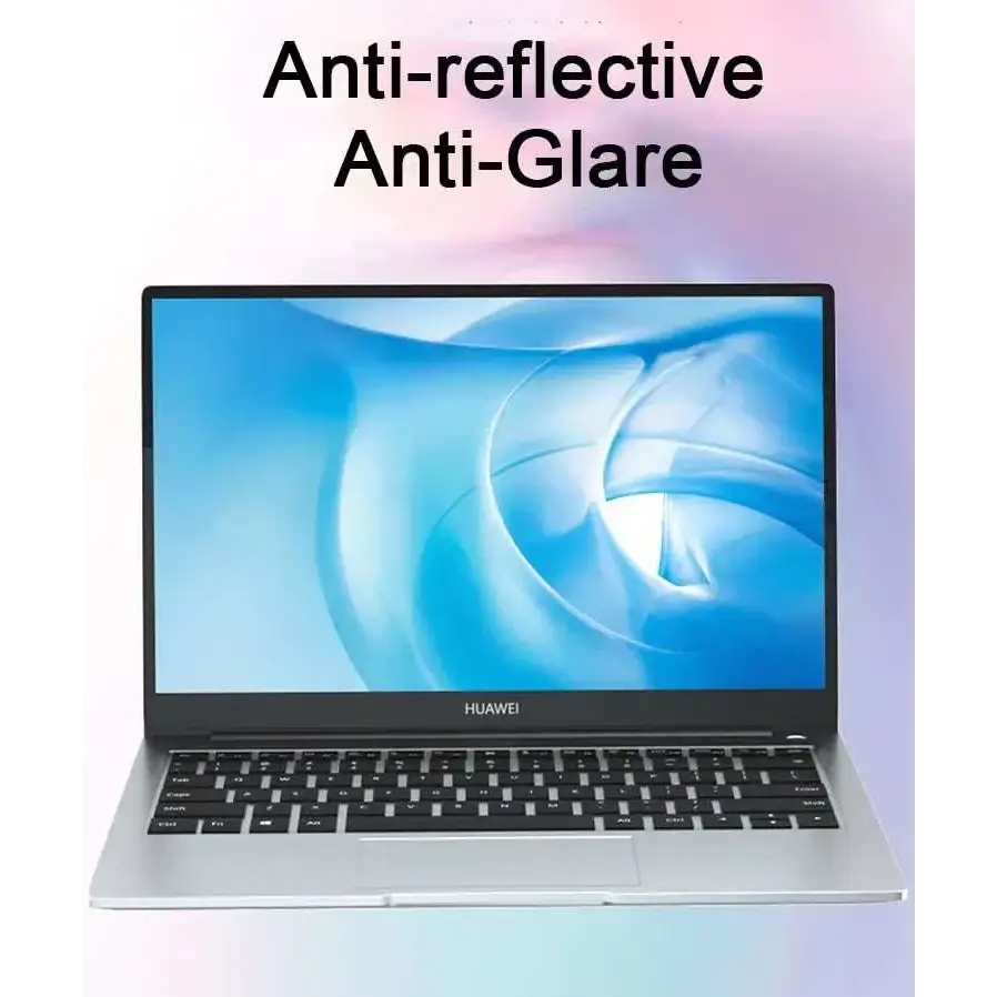Silver huawei laptop with a waterproof matte film privacy screen protector and an anti-reflective laptop privacy screen