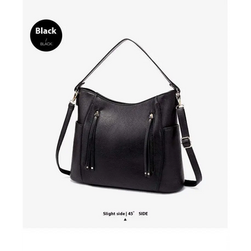 Black faux leather large capacity luxury women leather hobo bag with tassel details and adjustable shoulder strap