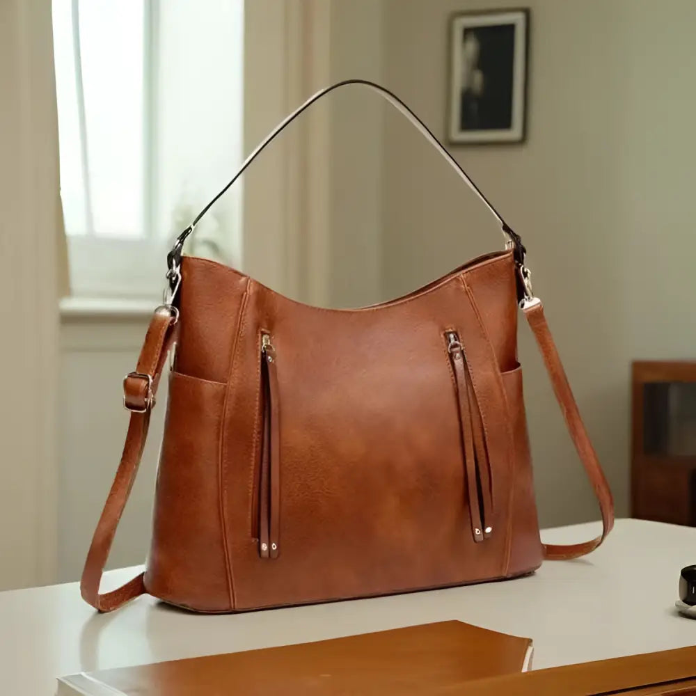 Brown faux leather large capacity luxury women leather hobo bag with adjustable shoulder strap and front zippered pockets