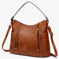 Brown faux leather large capacity luxury women leather hobo bag with adjustable shoulder strap and front zippered pockets