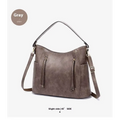 Gray faux leather large capacity luxury women leather hobo bag with two front zippered pockets and detachable strap