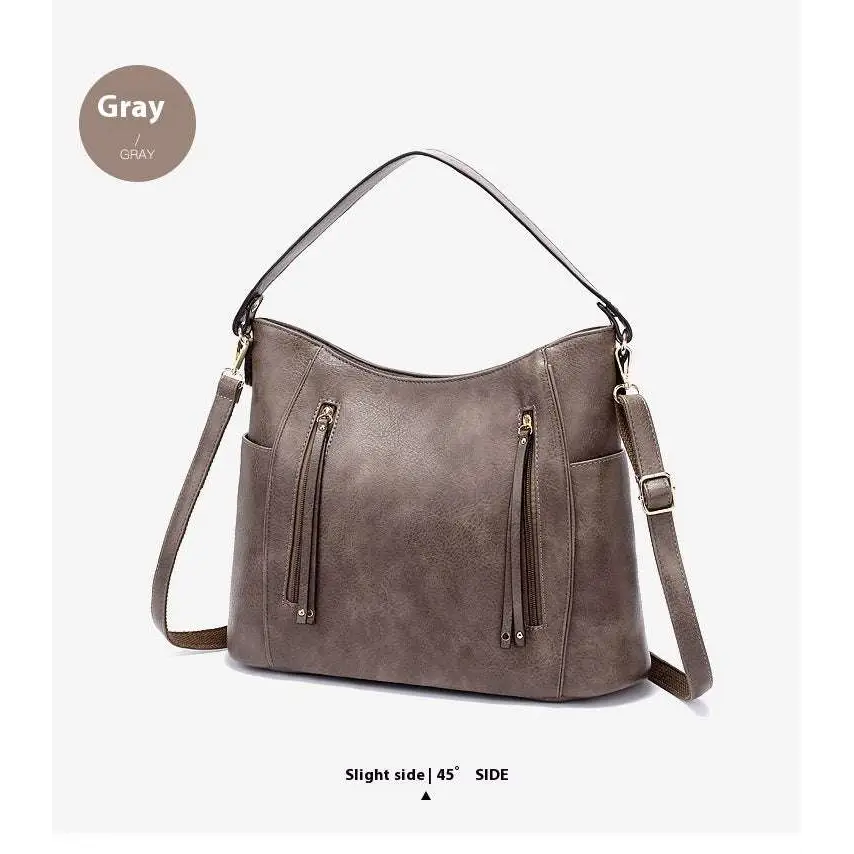 Gray faux leather large capacity luxury women leather hobo bag with two front zippered pockets and detachable strap