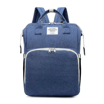 Blue denim textured large capacity mommy bag with white zipper pulls and front pocket for baby essentials
