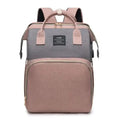 Two-tone gray and rose gold fabric large capacity mommy bag with front pocket adjustable straps and brand patch on top flap