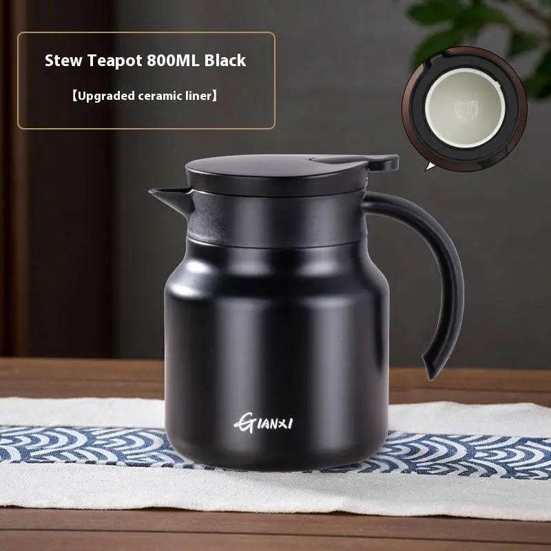 Black 800ml stew teapot with matte finish and ceramic liner featuring gianxi logo in stainless steel large tea water separation carafe