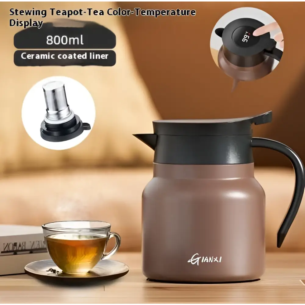 Brown ceramic-coated stainless steel large tea water separation carafe with black lid handle and digital temperature display