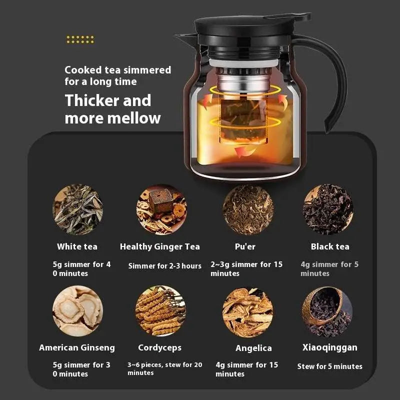 Black glass tea water separation carafe with stainless steel large infuser and black lid and handle for steeping tea