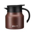 Brown stainless steel large capacity tea water separation carafe with black lid and handle and sleek metallic finish