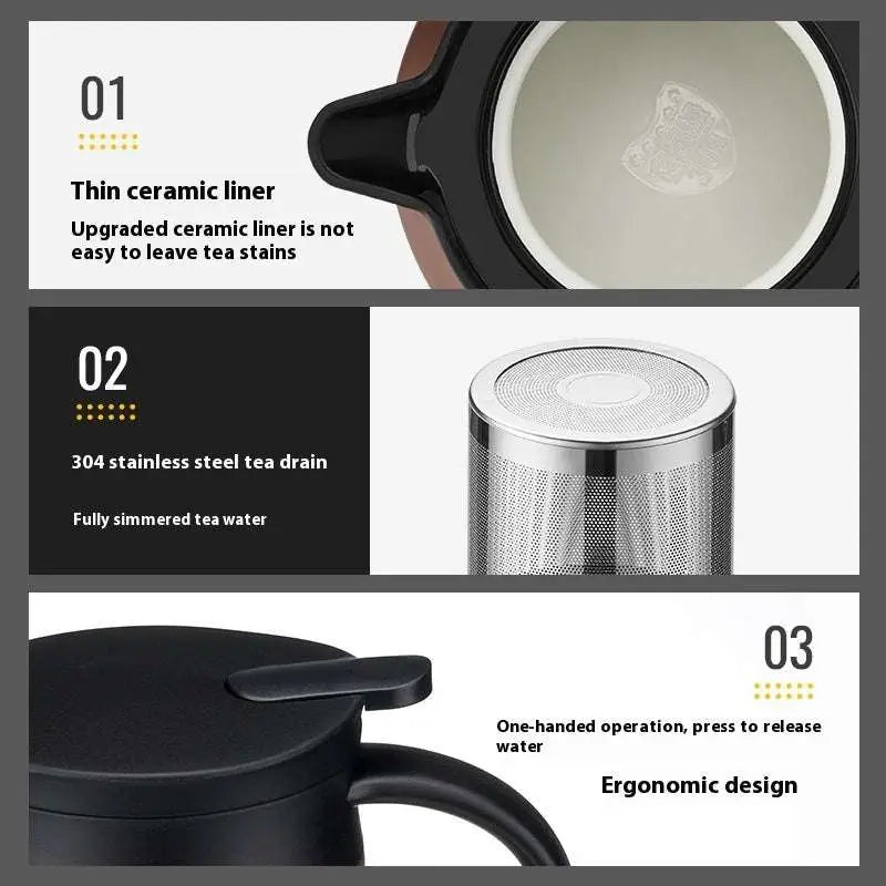 Large capacity black ceramic tea water separation carafe with stainless steel large mesh infuser and ergonomic handle