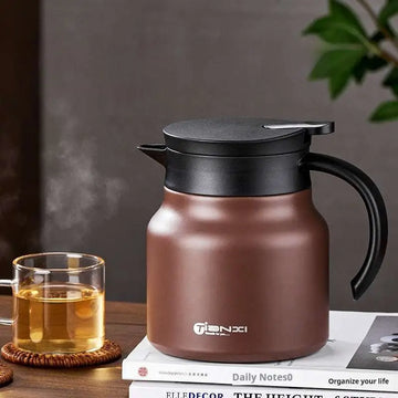 Large capacity brown stainless steel water separation carafe with black lid and handle for tea water separation