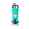 Teal-colored large flow agricultural industrial submersible pump with black handle and perforated metal base for heavy duty use