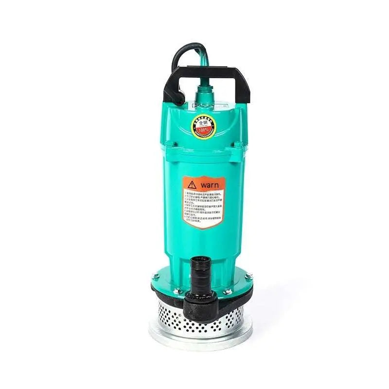 Teal-colored large flow agricultural industrial submersible pump with black handle and perforated metal base for heavy duty use