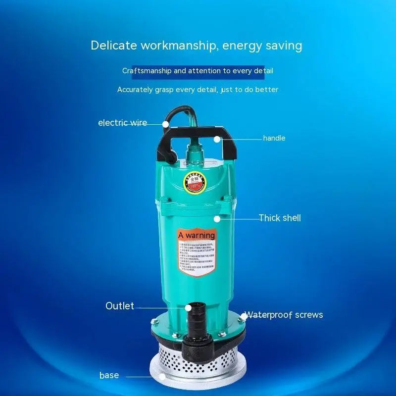 Teal-colored large flow agricultural industrial submersible pump with black handle, base, waterproof screws, and water outlet