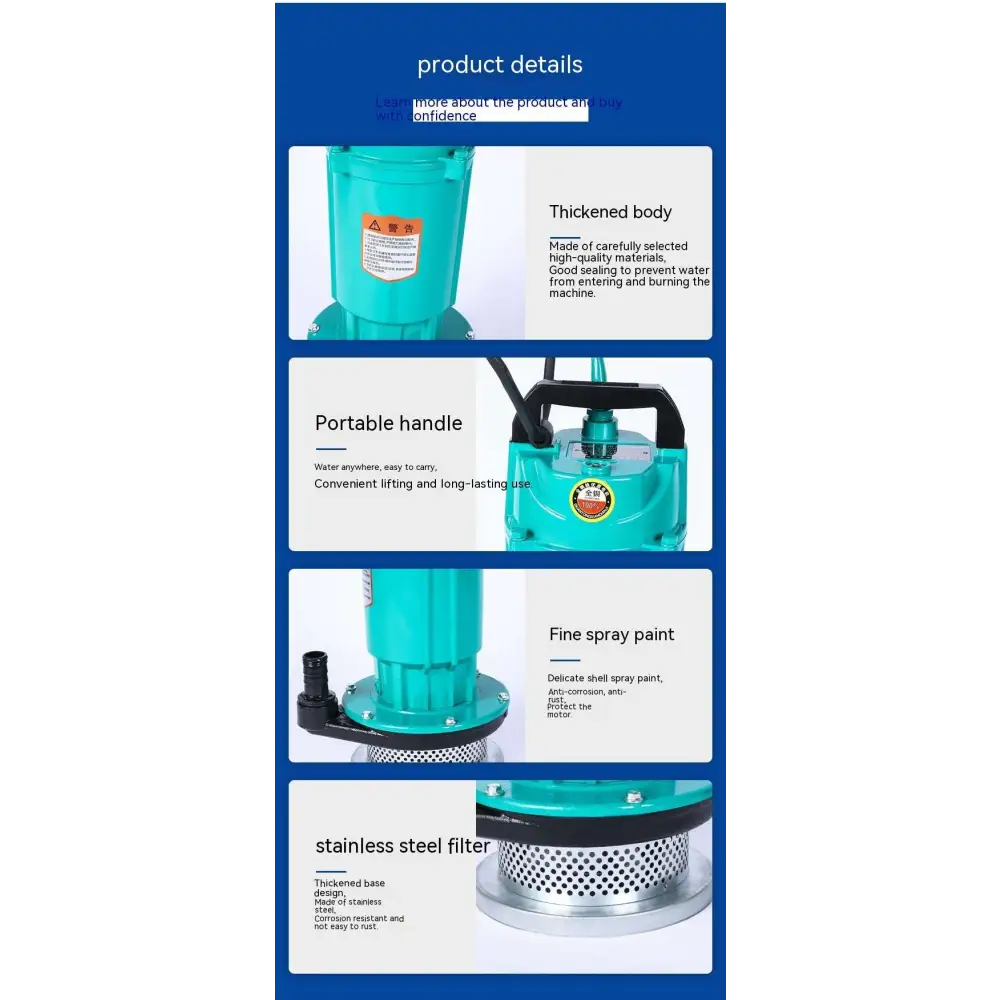 Teal-colored large flow agricultural industrial submersible pump with black handle and stainless steel base for heavy use