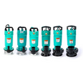 Six teal-colored large flow agricultural industrial submersible pumps with black handles and circular warning labels