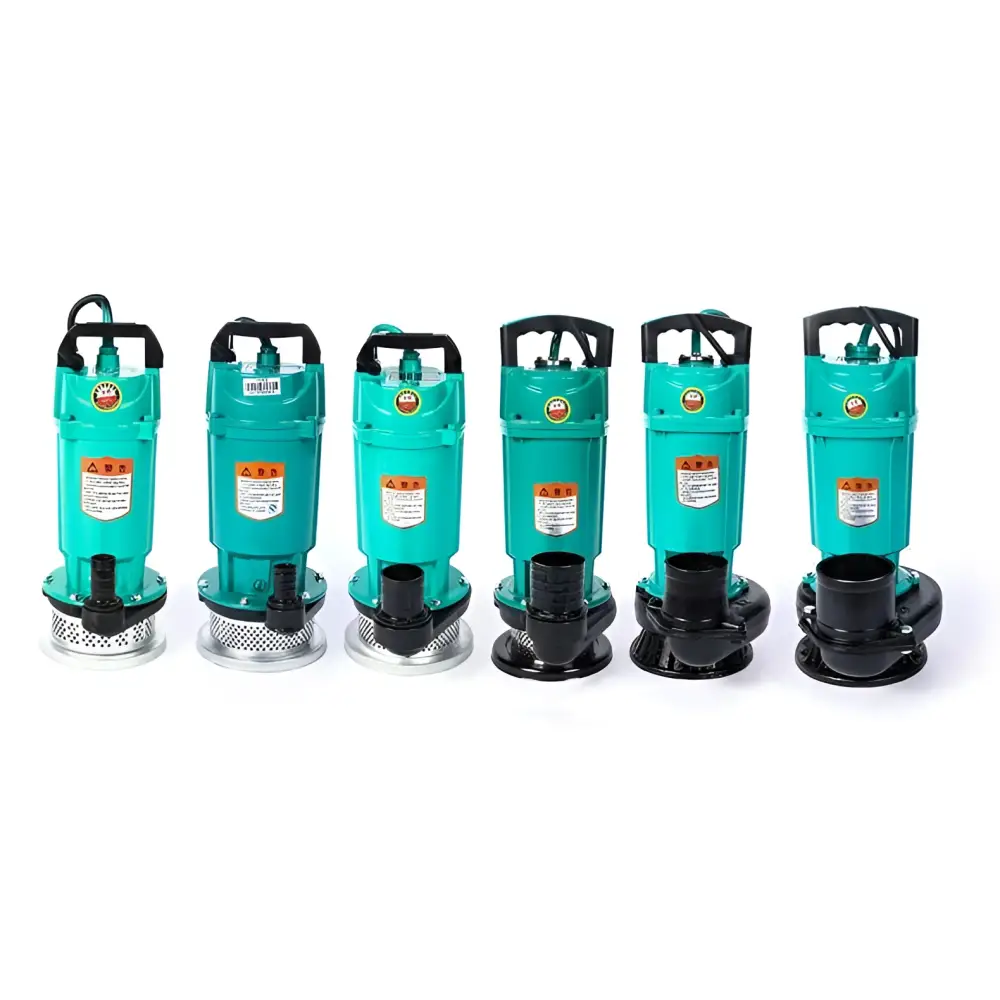 Six teal-colored large flow agricultural industrial submersible pumps with black handles and circular warning labels