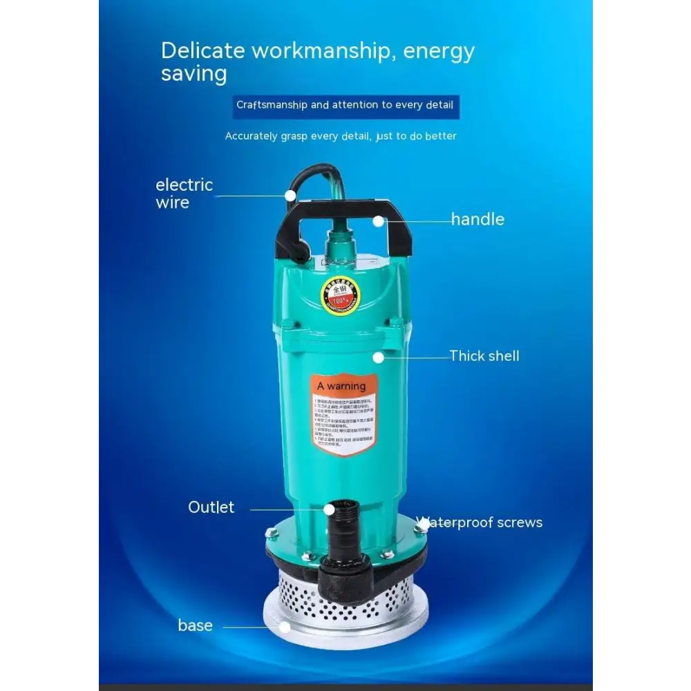 Teal-colored large flow industrial submersible pump with black handle and outlet for efficient agricultural water removal