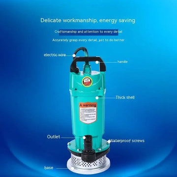 Teal-colored large flow agricultural industrial submersible pump with black handle, thick shell, and perforated base