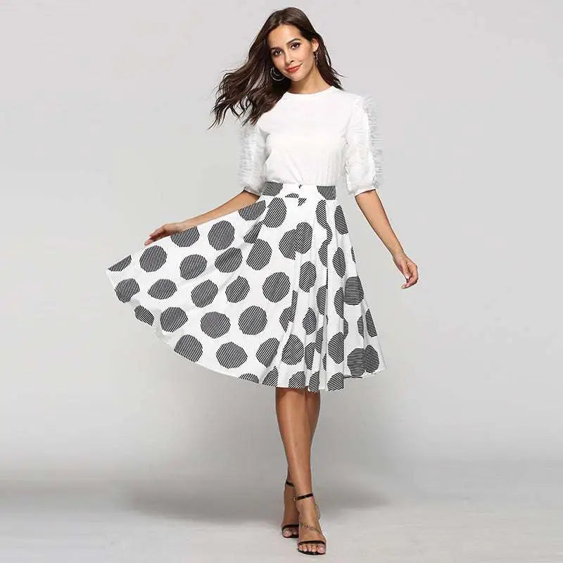 White and black large polka dot slim fit a-line skirt with striped circular patterns in a dot round slim design