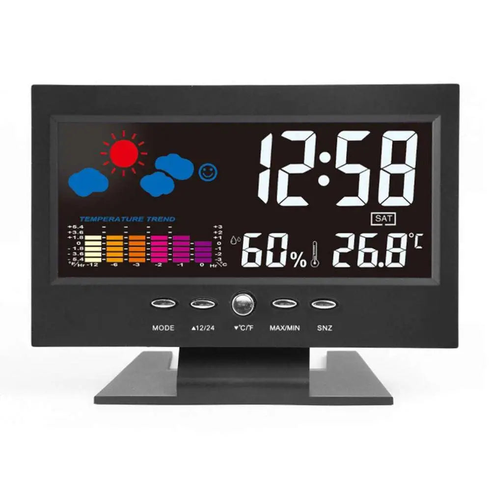 Black digital large screen perpetual calendar weather station displaying time temperature humidity and weather icons
