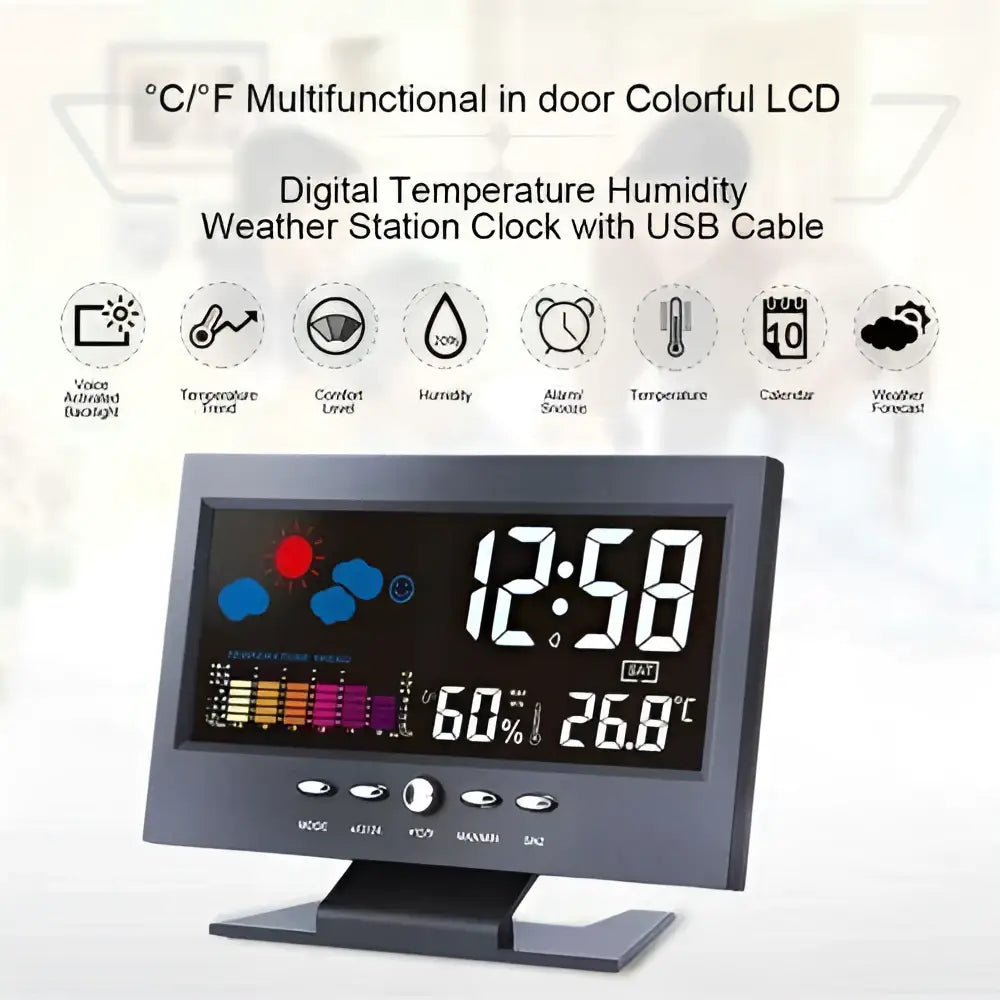 Black digital large screen perpetual calendar weather station clock with lcd showing time temperature humidity and forecast