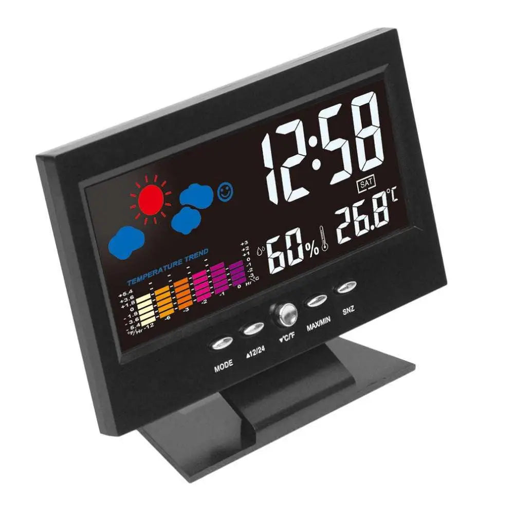 Black digital large screen perpetual calendar weather station clock displaying time temperature humidity and temperature trend graph