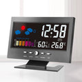 Black digital large screen perpetual calendar weather station displaying time temperature humidity and weather icons