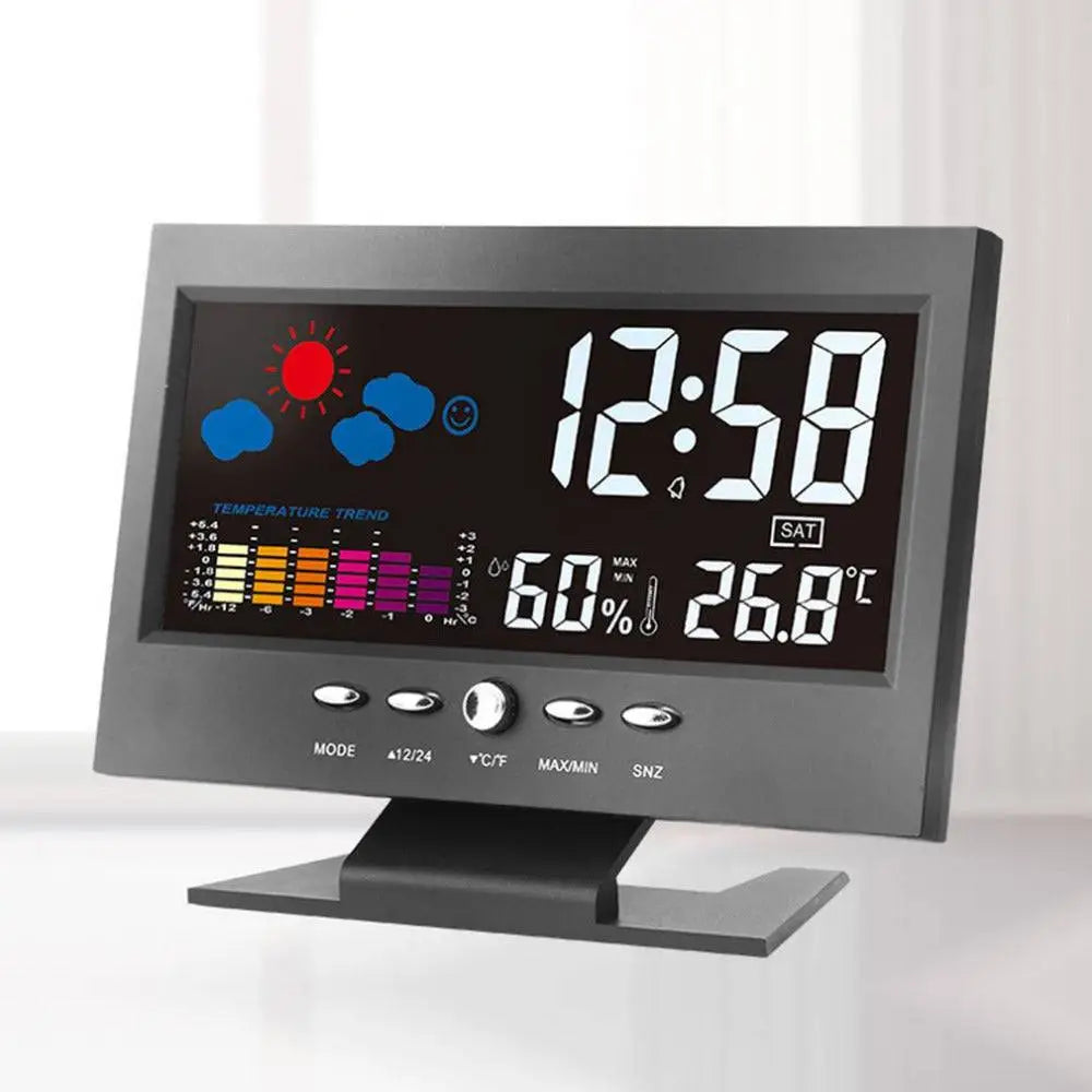 Black digital large screen perpetual calendar weather station displaying time temperature humidity and weather icons