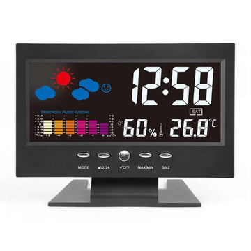 Black digital large screen perpetual calendar weather station displaying time temperature humidity and weather icons